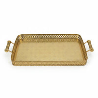 Trendiest rectangular gold serving tray with ornate base pattern, lattice border, and decorative handles.