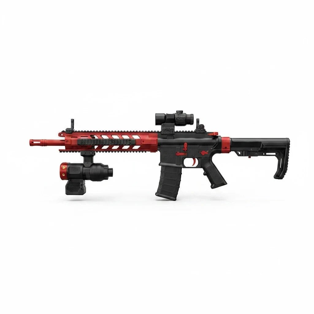 Trendiest target blaster toy in red and black with light and smoke effects for adult skill practice
