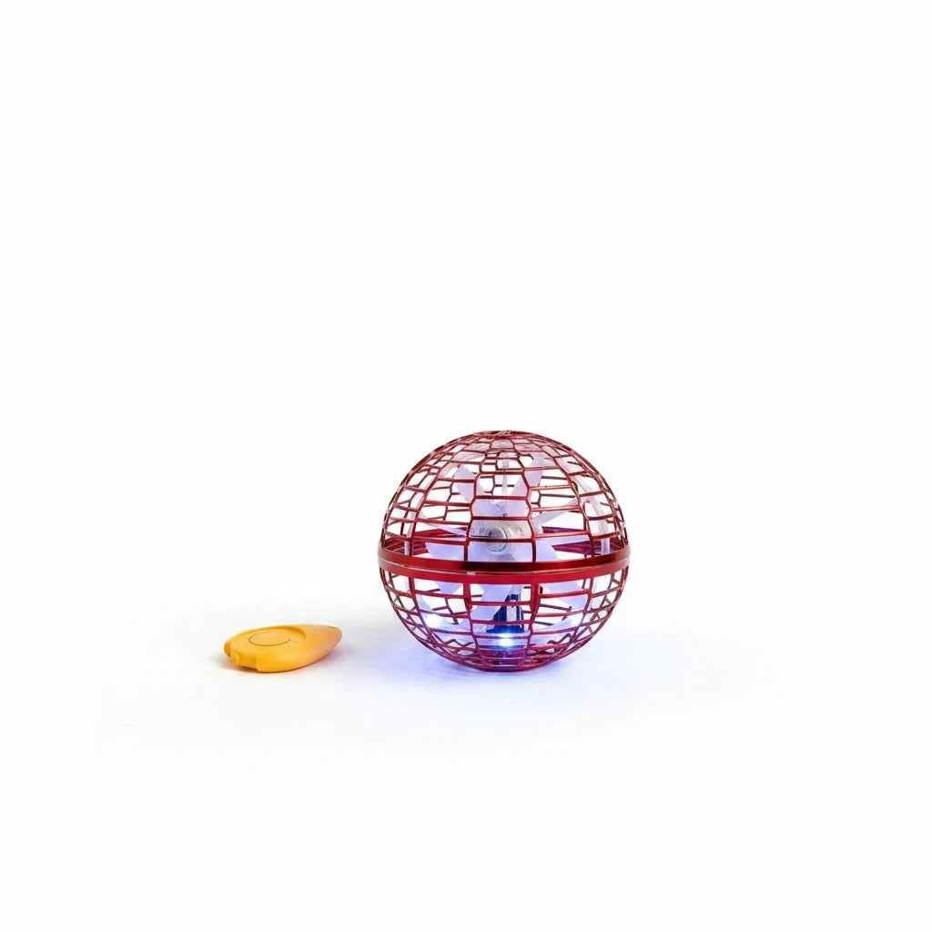 Trendiest interactive red flying spinner toy with protective spherical cage and LED lights on a white background