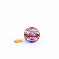 Trendiest interactive red flying spinner toy with protective spherical cage and LED lights on a white background