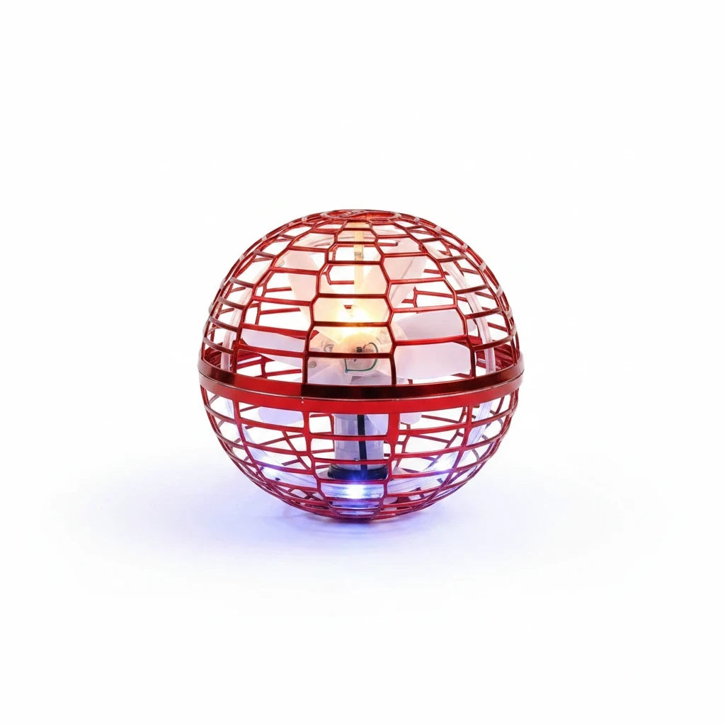 Trendiest red spherical flying spinner toy with protective cage and integrated LED lights for aerial maneuvers