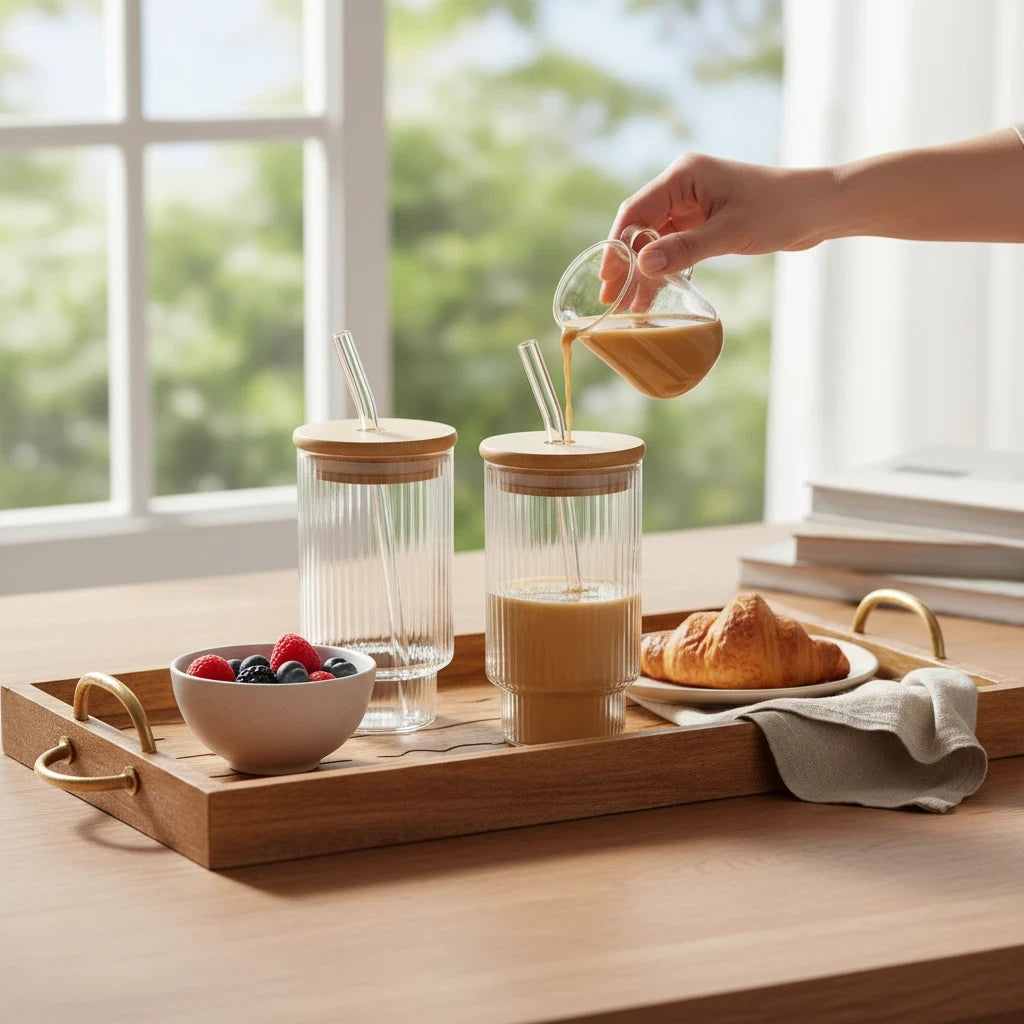 Trendiest ribbed glass tumblers with bamboo lids and glass straws on a wooden tray with coffee and a croissant.