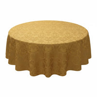 Trendiest round gold tablecloth with an intricate damask textured pattern for elegant dining table settings