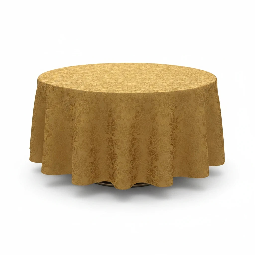 Trendiest gold round tablecloth with an intricate textured damask pattern for elegant dining and formal events.