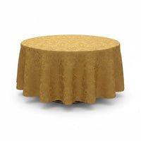 Trendiest gold round tablecloth with an intricate textured damask pattern for elegant dining and formal events.