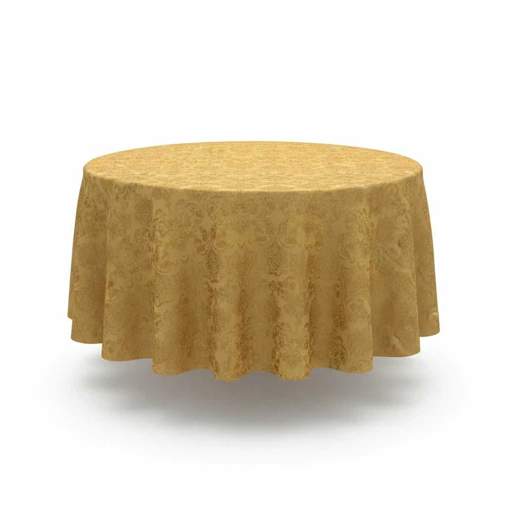 Trendiest round gold tablecloth with an intricate textured damask pattern for elegant dining table settings.