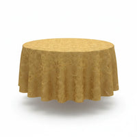 Trendiest round gold tablecloth with an intricate textured damask pattern for elegant dining table settings.