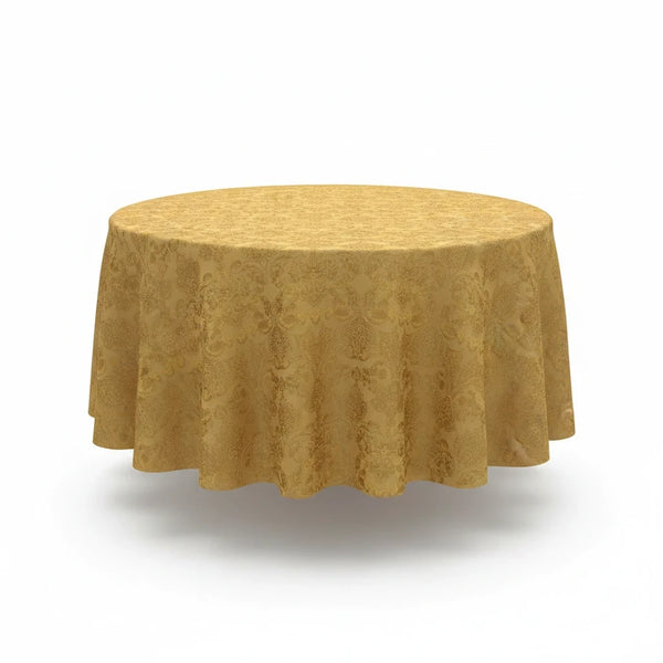 Trendiest round gold tablecloth with an intricate textured damask pattern for elegant dining table settings.