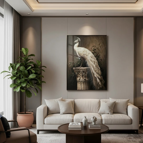 Trendiest Royal Peacock 3D wall art featuring a white peacock on an emerald background, displayed in a modern living room