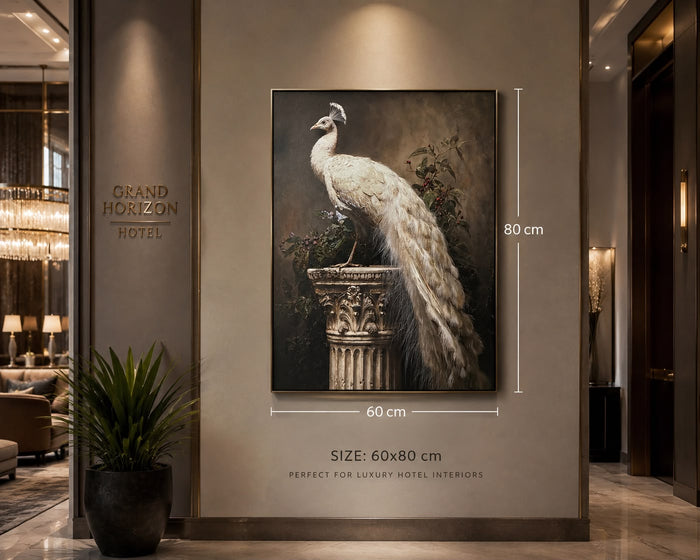 Trendiest Royal Peacock 3D framed wall art featuring a white peacock on a pedestal in a luxury hotel lobby setting.