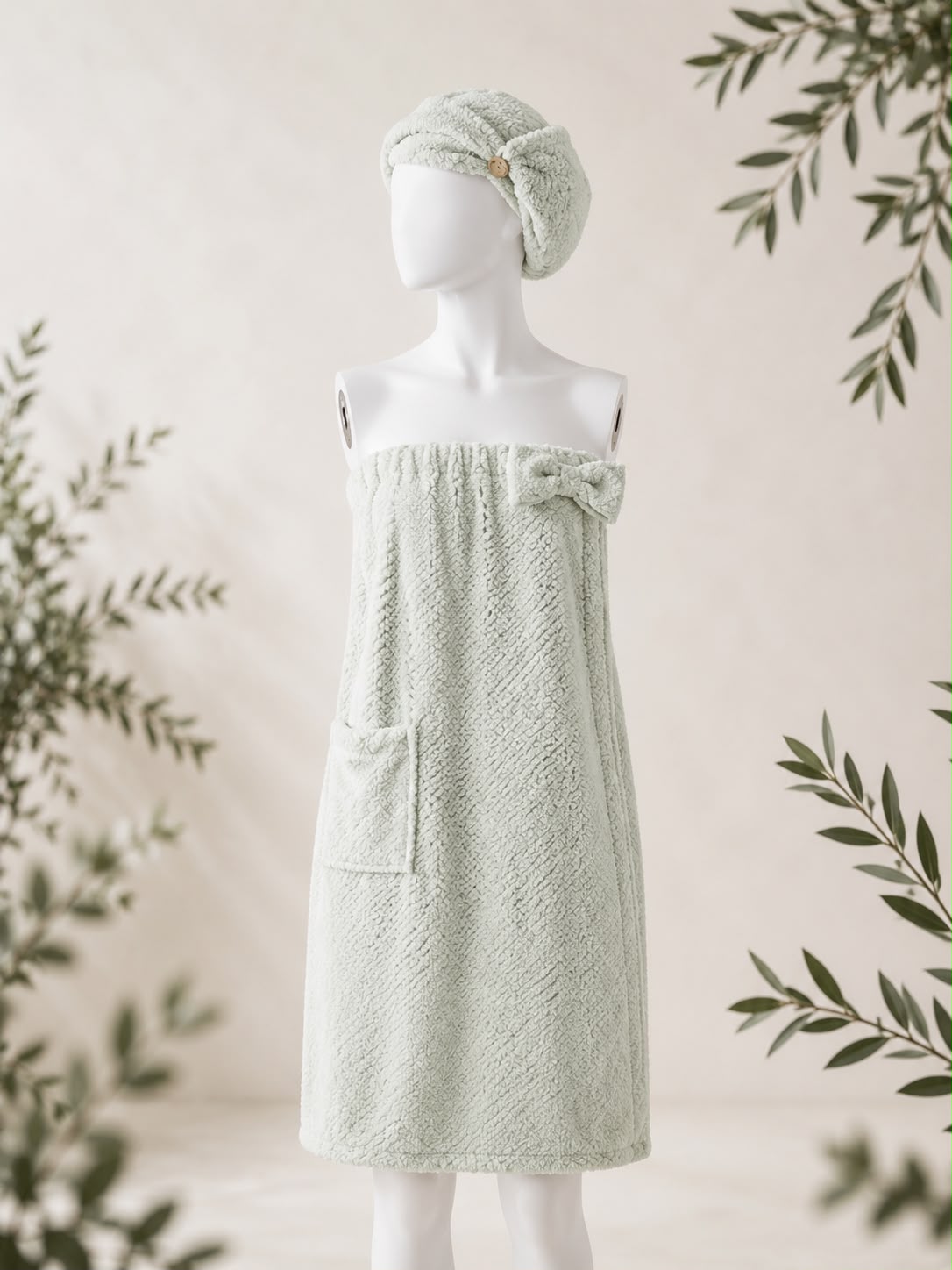 Trendiest sage green nanofiber cotton bath skirt and matching shower turban hair wrap on a mannequin