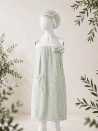 Trendiest sage green nanofiber cotton bath skirt and matching shower turban hair wrap on a mannequin