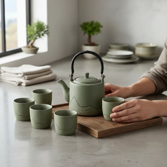 Trendiest traditional sage green porcelain tea set with teapot and six cups featuring a mountain motif on a tray