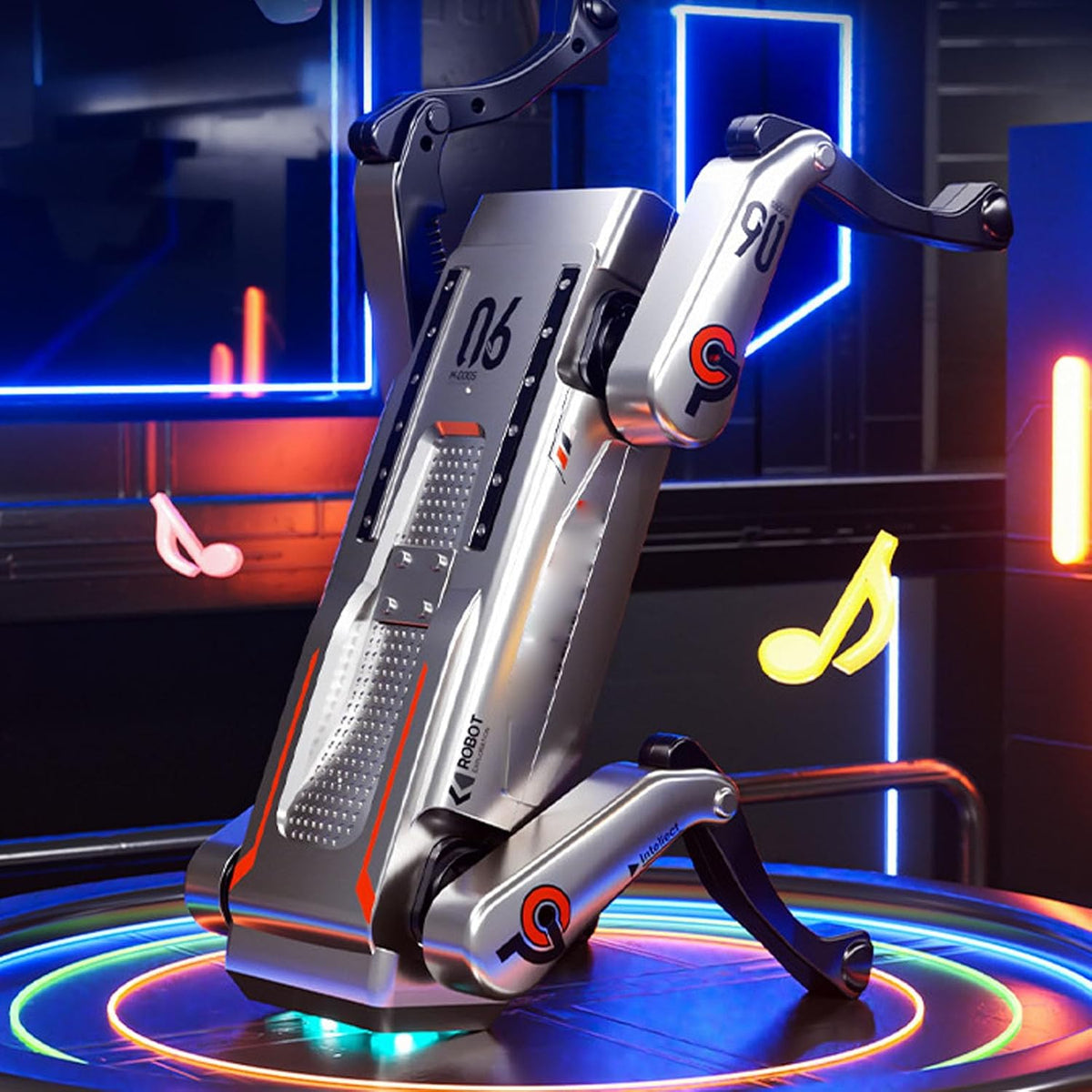 Trendiest intelligent silver robot dog toy with programmable AI features and neon lighting effects on a circular stage