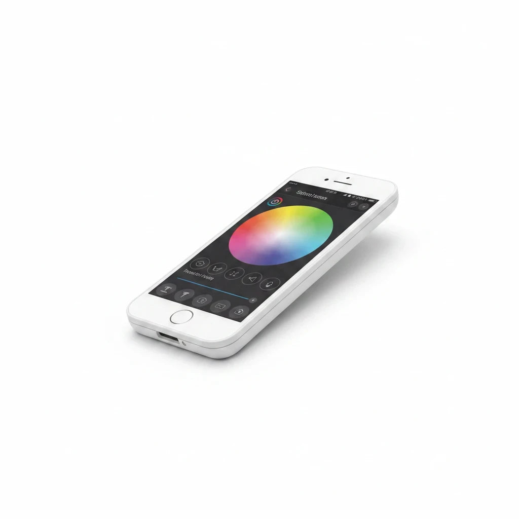 Trendiest smartphone app interface showing a color wheel for controlling RGB LED mood lighting strips