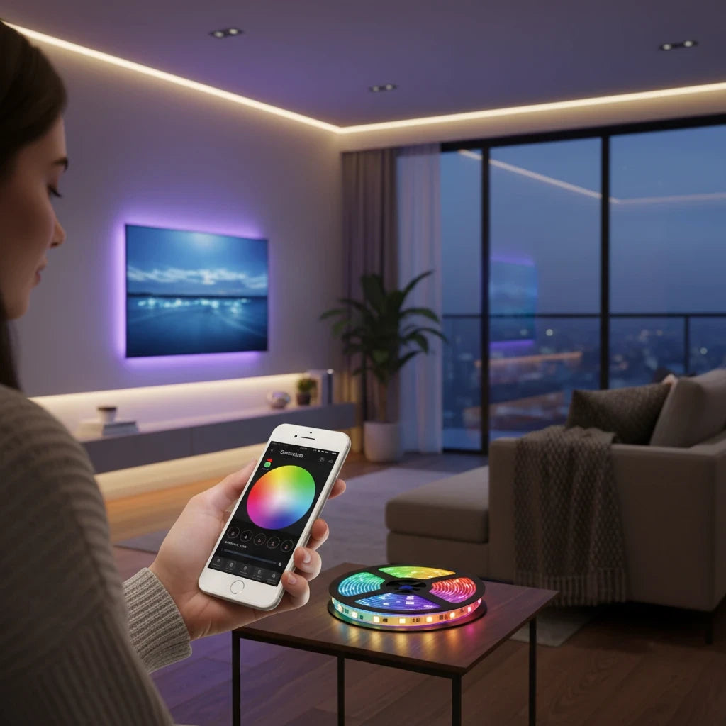 Trendiest 5M RGB LED mood light strip controlled by a smartphone app in a modern living room setting