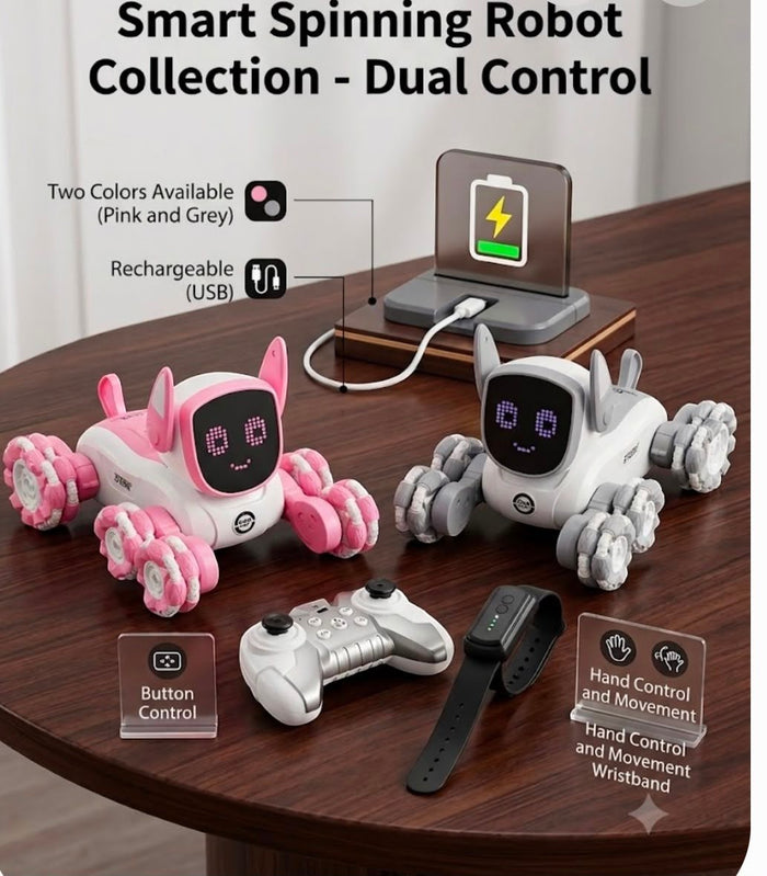 Trendiest smart spinning robot dogs in pink and grey with remote control, gesture wristband, and USB charging station.