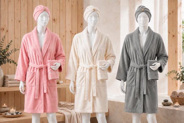 Trendiest spa bathrobe gift set in pink, cream, and grey with matching shower caps and face towels on mannequins