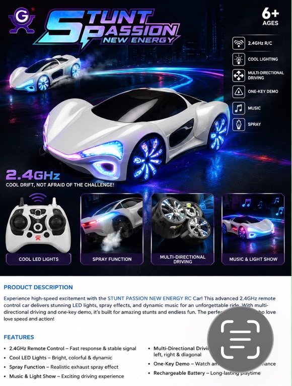 Trendiest Stunt Passion white RC sports car with LED lights, charging station, and remote control for kids