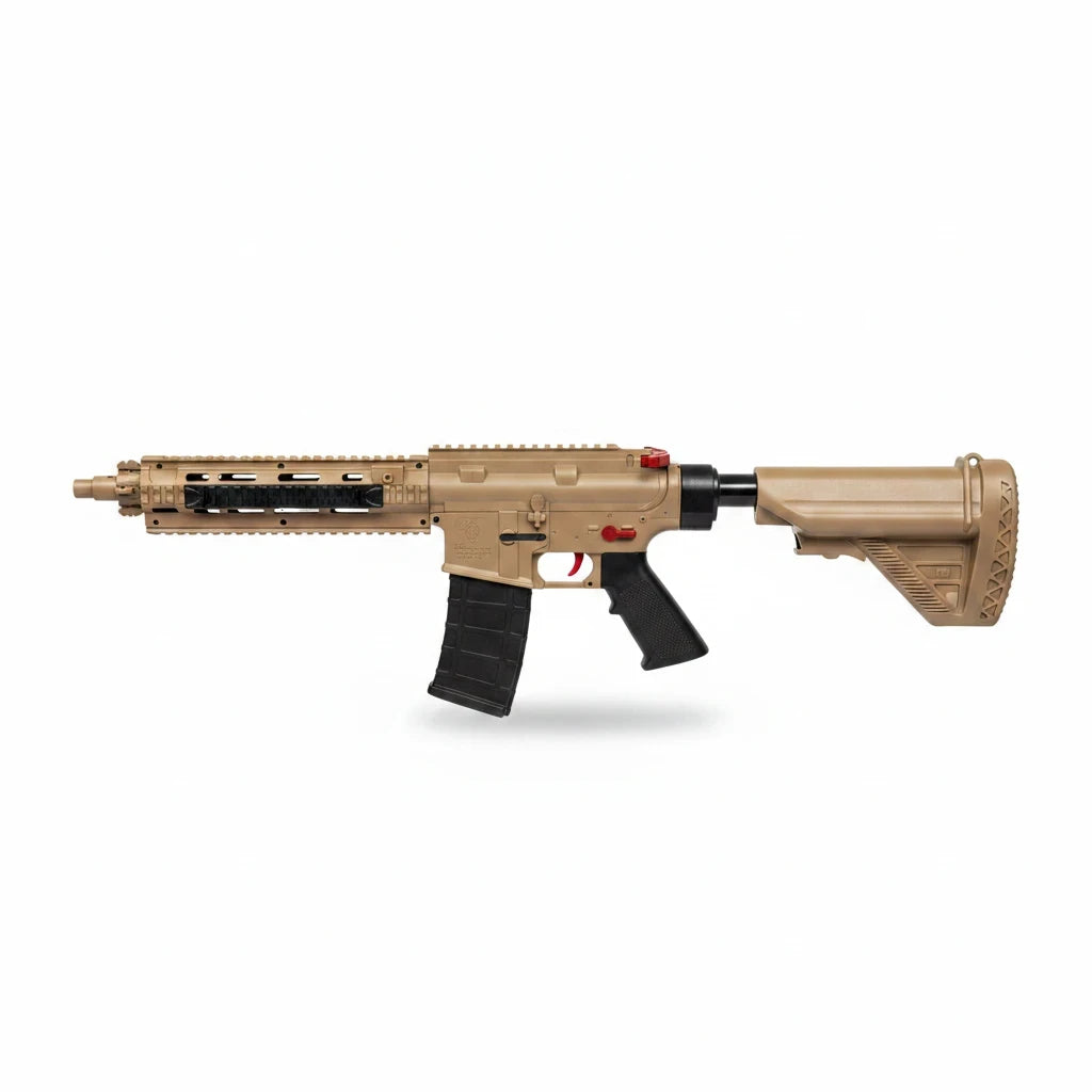 Trendiest tan laser target blaster toy for adult practice with black magazine and red trigger details