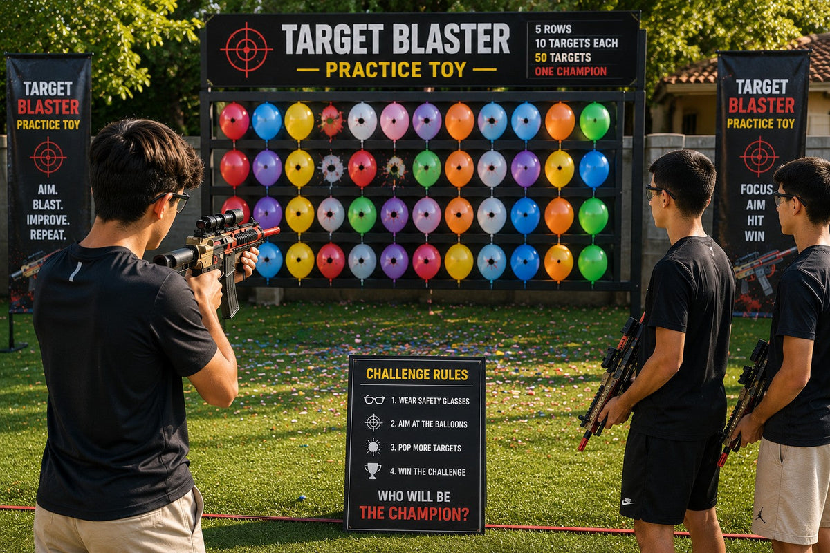 Trendiest Target Blaster Practice Toy with two players aiming at a wall of colorful balloons in an outdoor setting