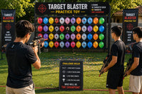 Trendiest Target Blaster practice toy set with colorful balloons on a stand and players holding blasters outdoors.