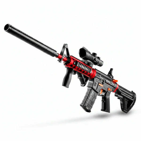 Trendiest target blaster toy in black and red with a mounted scope and long barrel for precision practice