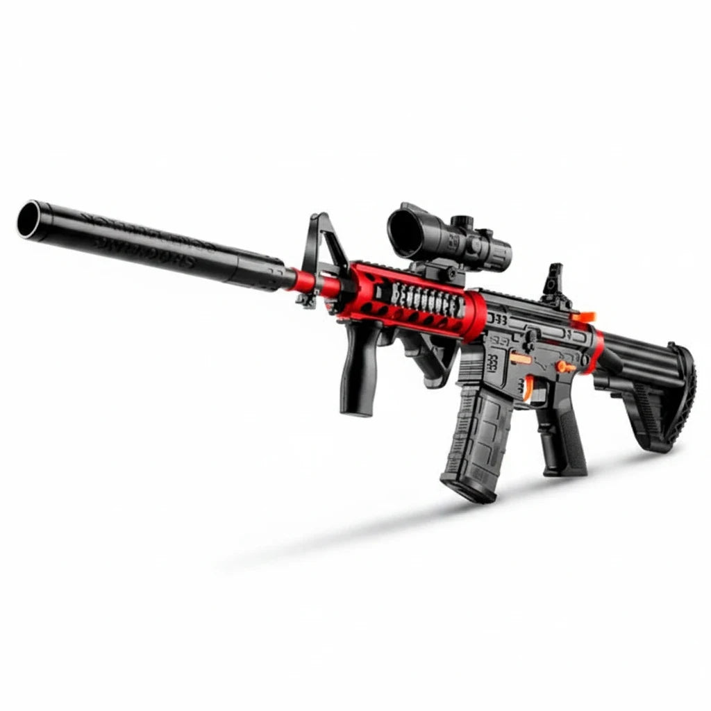 Trendiest target blaster practice toy in black and red with a mounted scope and long barrel for precision aim