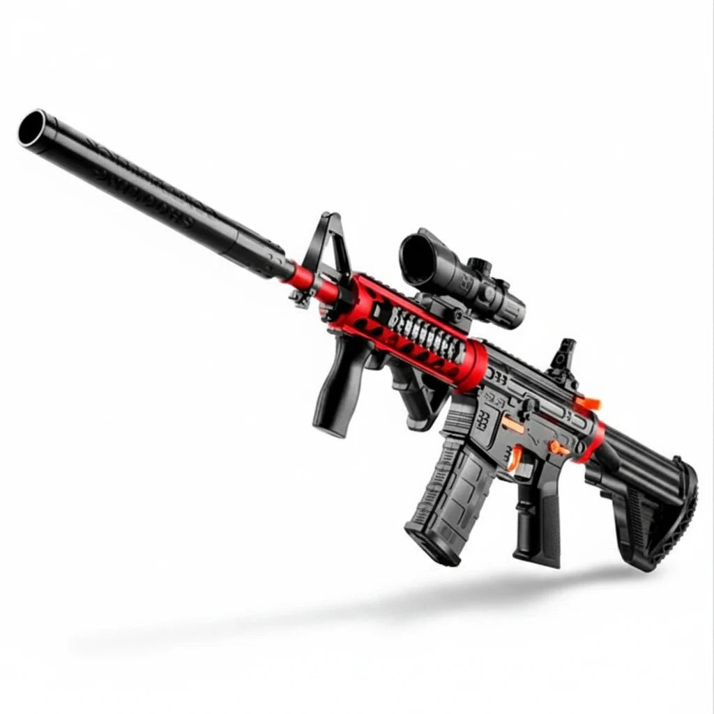 Trendiest target blaster toy with a black and red finish, featuring a tactical scope and long barrel for aim practice.