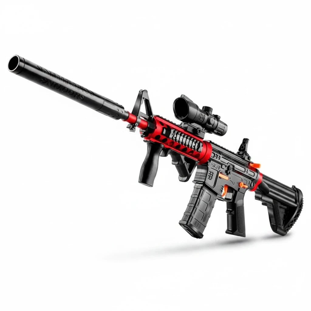 Trendiest target blaster practice toy featuring a black and red rifle design with an attached scope and long barrel.