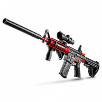 Trendiest target blaster practice toy featuring a black and red rifle design with an attached scope and long barrel.