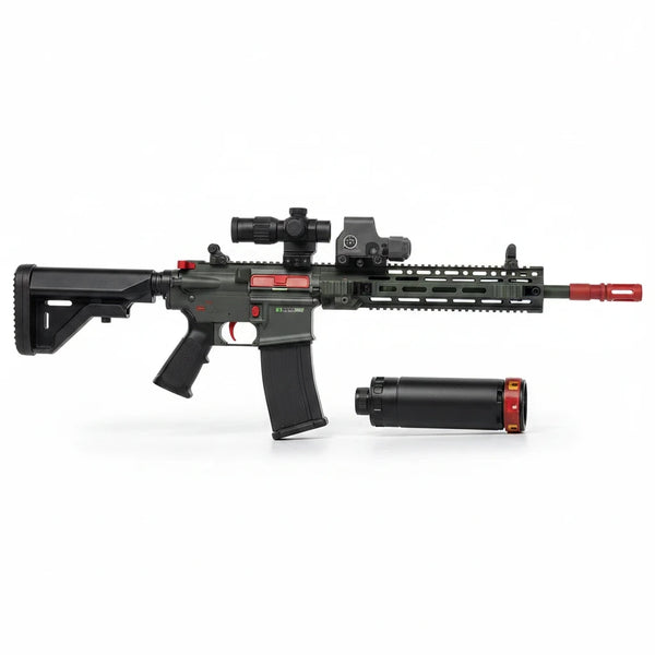 Trendiest target blaster toy with green and red accents, featuring a scope, detachable suppressor, and tactical design.