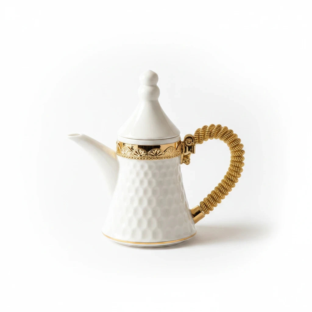 Trendiest white ceramic Arabic dallah coffee pot with gold honeycomb texture and decorative gold cord handle