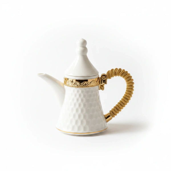Trendiest white ceramic Arabic dallah coffee pot with gold honeycomb texture and decorative gold cord handle