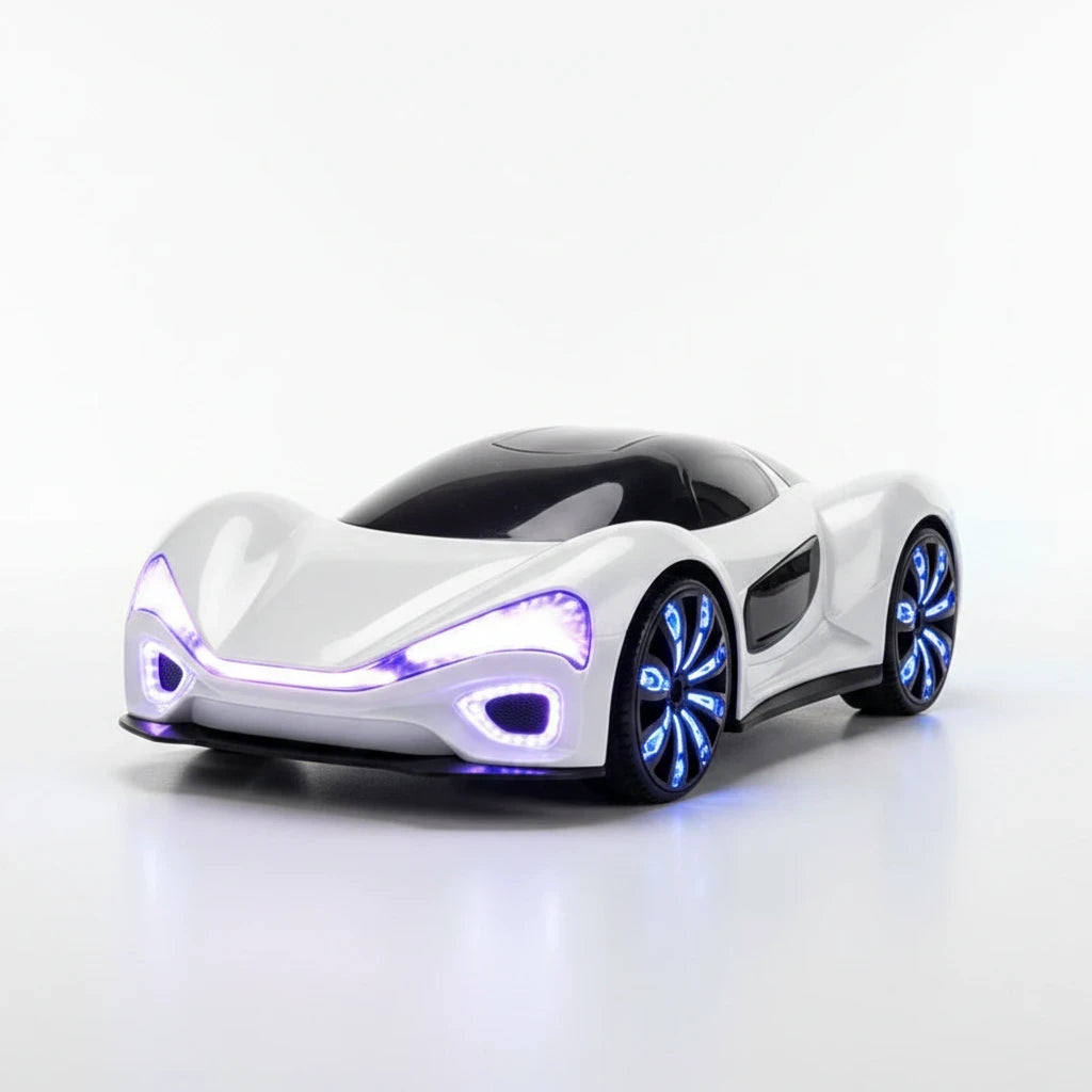 Trendiest white remote-controlled EV sports car with glowing blue LED wheels and front lights on a white background