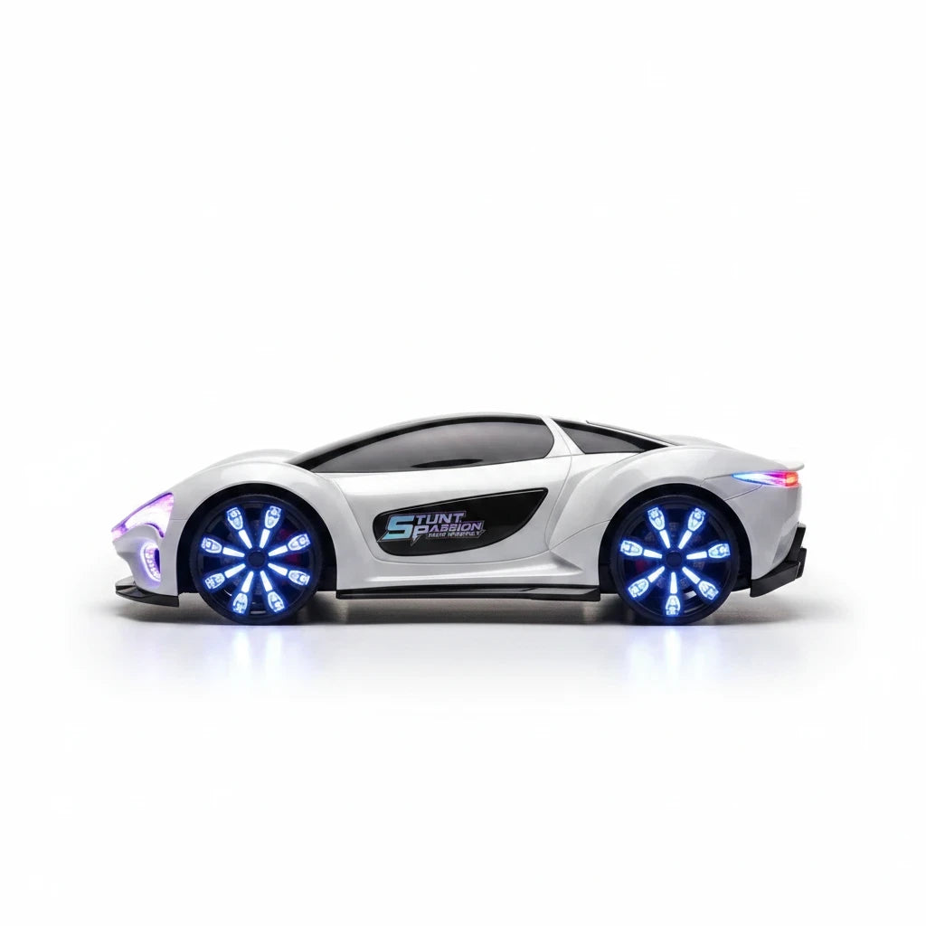 Trendiest white RC sports car with futuristic design, glowing blue LED wheels, and side Stunt Passion branding