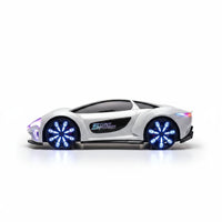Trendiest white RC sports car with futuristic design, glowing blue LED wheels, and side Stunt Passion branding