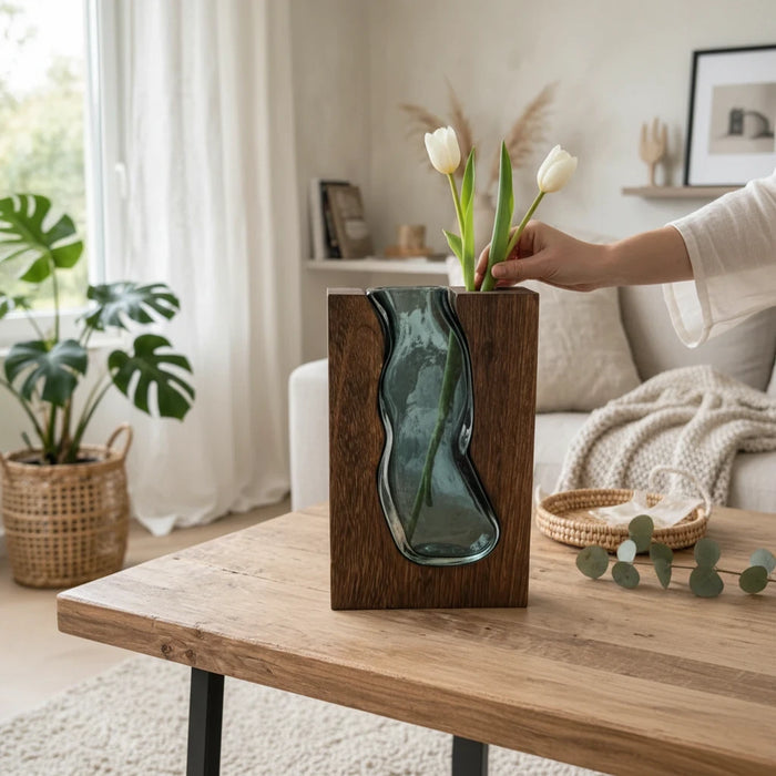 Trendiest handcrafted dark wood vase with a blue-tinted hand-blown glass insert holding white tulips on a wooden table.